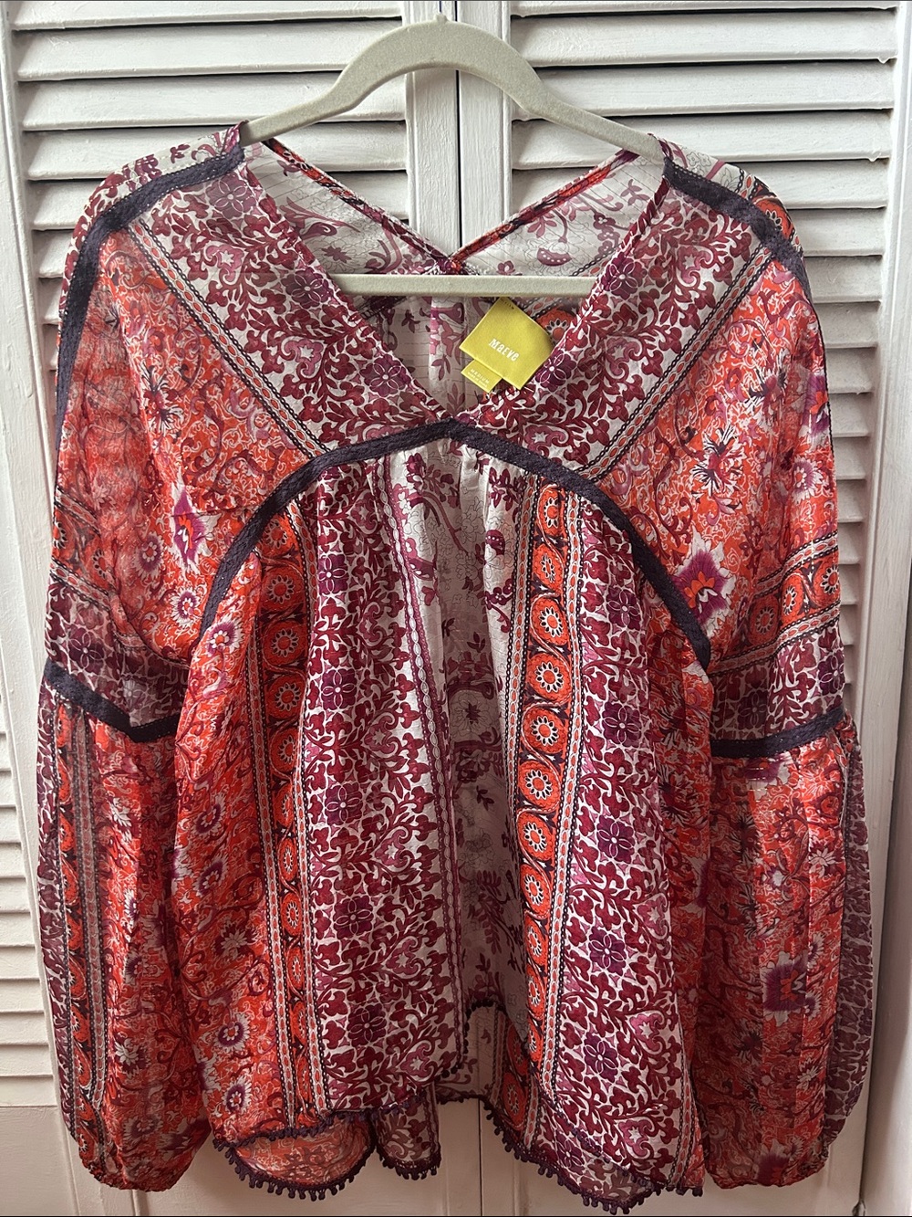 Maeve Silk Floral Mix V-Neck Blouse in Red and Burgundy